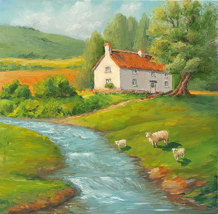 Картина маслом 30×30 см “Летний пейзаж с домиком”